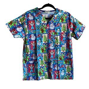 4/$25 Uniform City Christmas Scrub Top‎ Snowman Tree Angel Santa Snowflake Sz S